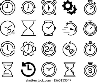 clock vector icon set such as: control, factory, wristwatch, manager, setup, counting, pixel, cog, antique, organization, repair, running, stroke, communication, motion, session, computer, express