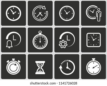 Clock vector icons set. Illustration isolated on black background for graphic and web design.