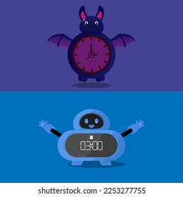 Clock vector illustration with bat shape and robot shape.
