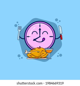 clock vector illustration. Clock character illustration breakfast eat chicken meat holding a knife and fork with happy, funny, adorable expressions. Good for logo, icon, mascot, sticker, emoticon.