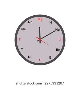 clock vector illustration with chemical elements in place of corresponding numbers, creative custom clock design.