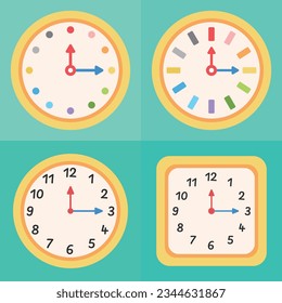 Clock vector illustration. Minute hand and hour hand. Concept of time for kids to learn. Back to school. Clock cute cartoon style.