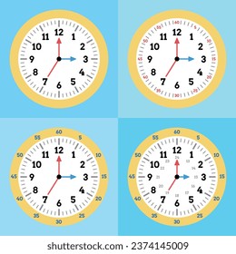Ilustración vectorial de reloj con mano de minuto y hora para que los niños aprendan el tiempo. Reloj lindo estilo de dibujos animados.