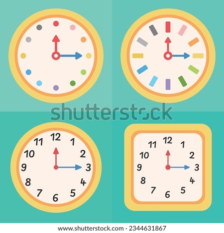 Clock vector illustration. Minute hand and hour hand. Concept of time for kids to learn. Back to school. Clock cute cartoon style.