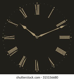 Clock vector illustration on black background. Dial with Roman numerals.