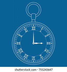 Clock. Vector illustration on blueprint background