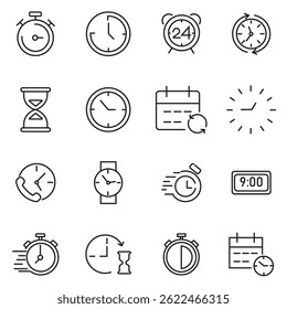  Clock vector linear icons set. Line clocks symbol isolated on white background.  Included Clock, Stopwatch, Timer vector icon collection.