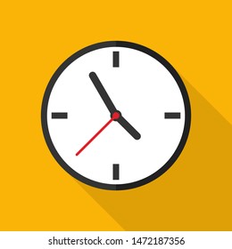 Clock vector on yellow background with shadow in trendy flat design. Time concept. EPS 10