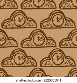 Clock vector seamless pattern on sepia background