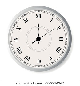 Vector de reloj simple icono único con reloj de pared redondo blanco y negro aislado en blanco. El reloj de la pared muestra las ocho en punto y el reloj numérico romano.