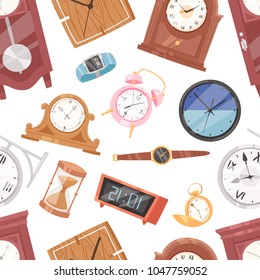 Clock vector watch with clockwork and clockface or wristwatches clocked in time with hour or minute arrows illustration clocking alarm timer set seamless pattern background