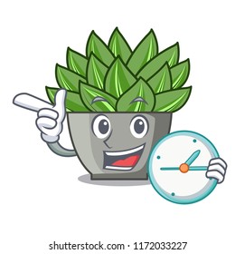 With clock view of green echeveria cactus cartoon