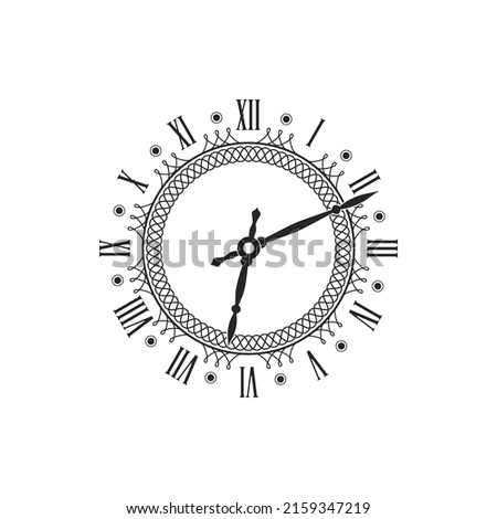 Clock with vintage round dial isolated monochrome icon. Vector watch face with black and white timepiece, antique wall or pocket watch with roman numerals and ornate clock hands, time design