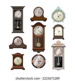 clock vintage set cartoon. time old, watch hour, retro antique, gear dial, alarm clock vintage vector illustration