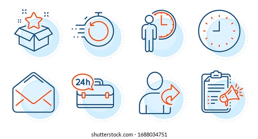 Clock, Waiting and Refer friend signs. Fast recovery, 24h service and Mail line icons set. Megaphone checklist, Loyalty program symbols. Backup timer, Support. Technology set. Vector