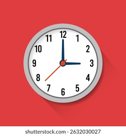 Clock wall face icon with long shadow vector illustration. Clock icon design in flat style, watch sign, timer isolated symbol, office watch clip art, business icon concept, Vector illustration.