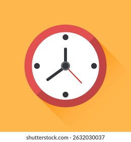 Clock wall face icon with long shadow vector illustration. Clock icon design in flat style, watch sign, timer isolated symbol, office watch clip art, business icon concept, Vector illustration.
