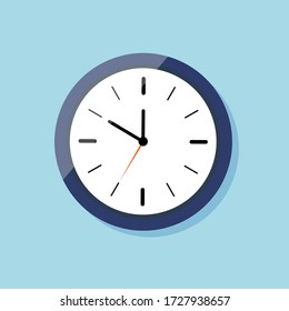 Clock for wall on flat style. Icon of watch. Blue clock with white dial and shadow. Time in round alarm. Black hour arrow, orange stopwatch arrow. Logo of ticking timer. Concept of countdown. Vector.