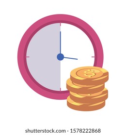 clock wall with pile coins isolated icon vector illustration design
