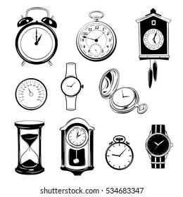 clock and watch collection black and white. isolated design elements set. vector illustration