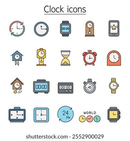 Reloj, reloj, icono de cronómetro establecido en estilo de línea de color