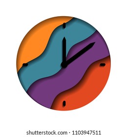 Clock, watch, time in colors blue,red, orange, violet. Paper art illustration, multi layers.. An object papercut isolated. Arrows are black. Vector illustrtation