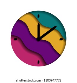 Clock, watch, time in colors blue,red,yellow, violet. Paper art illustration, multi layers.. An object papercut isolated. Arrows are black. Vector illustrtation