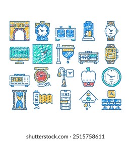 clock and watch time equipment doodle icons set vector. sketch line art floor antique clock and digital hand gadget, chess game tool and gps device, sandy, mechanical electronic contour illustrations