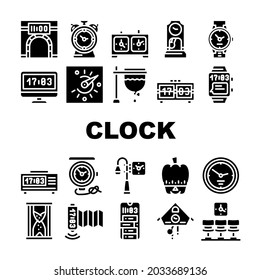 Iconos De Equipo De Tiempo De Reloj Y Reloj Fijan El Vector. Reloj De Antigüedades Y Gadget Digital De Mano, Herramienta De Juego De Ajedrez Y Dispositivo Gps, Pictogramas De Glifo Electrónico Y Arenoso E Ilustraciones Negras
