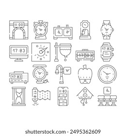 Clock And Watch Time Equipment Icons Set Vector. Floor Antique Clock And Digital Hand Gadget, Chess Game Tool And Gps Device, Sandy And Sundial, Mechanical And Electronic Contour Illustrations