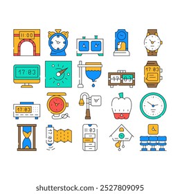 Clock And Watch Time Equipment Icons Set Vector. Floor Antique Clock And Digital Hand Gadget, Chess Game Tool And Gps Device, Sandy And Sundial, Mechanical And Electronic Contour Illustrations