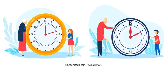 Clock watch time, life start and end period, olad and young people at watch face arrow vector illustration
