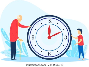 Tiempo de reloj, período de inicio y fin de vida, adultos mayores y jóvenes en la ilustración del vector de la flecha facial de reloj.