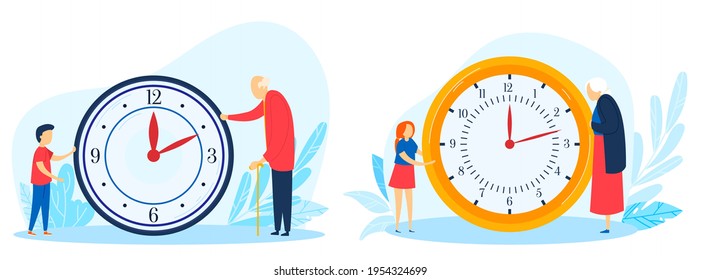Clock watch time, period life health, stopwatch arrow sign, young boy, elderly man, design, flat style vector illustration.