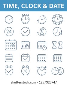 The clock, watch, time vector line icon set. The calendar, agenda, sandglass, timer, clock, alarm outline symbols. The time management and business concept linear icons isolated on white background.