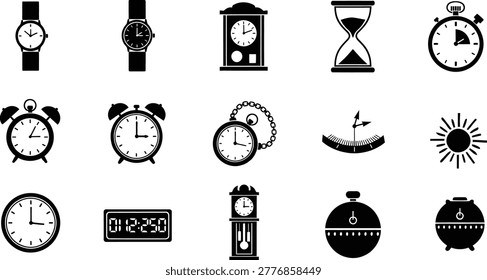 Clock watch timekeeping icons set with alarm timer wristwatch symbols