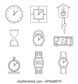 Clock and watches line icons set. Different types of clocks and watches.