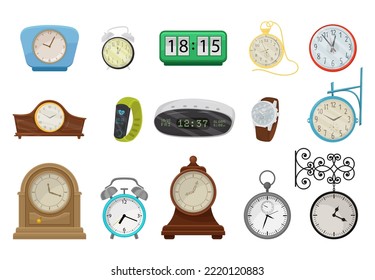 Clock and Watches as Mechanical and Digital Timepiece Showing Time Big Vector Set