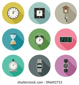 Clock and watches vector icons set. Different types of clocks and watches.