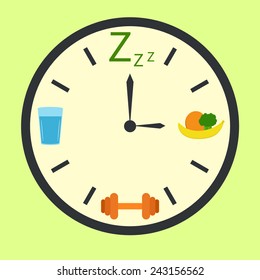 Clock with water, dream, food and sport signs instead of hours. Healthy life concept
