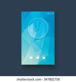 Clock and weather forecast icons mobile ui on blue low poly background. Modern line icon design for smartphone graphics user interface. Eps10 vector illustration.