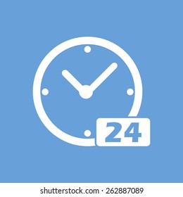 Clock web white icon isolated on a blue background. Vector symbol