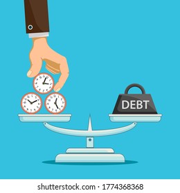 Deuda de reloj y peso en las escalas. El tiempo es concepto de dinero. Ilustración vectorial.