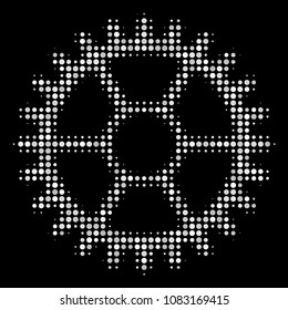 Clock wheel halftone vector icon. Illustration style is pixelated iconic clock wheel symbol on a black background. Halftone structure is created of round cells.