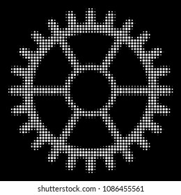 Clock wheel halftone vector pictogram. Illustration style is dotted iconic clock wheel icon symbol on a black background. Halftone matrix is round points.