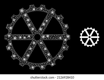 Clock wheel icon and glowing mesh net clock wheel model with glowing spots. Illuminated model done from clock wheel vector icon and triangle mesh. Glowing frame clock wheel, on a black background.