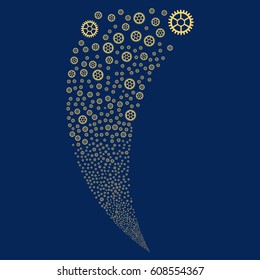 Clock Wheel random fireworks stream. Vector illustration style is flat yellow iconic symbols on a blue background. Object fountain organized from scattered symbols.