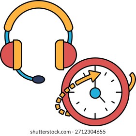 Eine Uhr mit einem weißen Pfeil nach rechts und einem Headset auf der linken Seite. Die Uhr zeigt die Zeit als 10:00