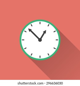 Clock - white icon with a long shadow on a red background. Vector illustration.