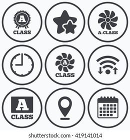 Clock, wifi and stars icons. A-class award icon. A-class ventilation sign. Premium level symbols. Calendar symbol.